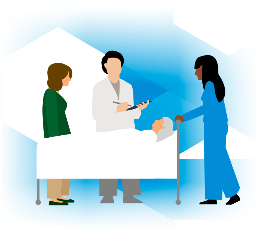 Health care workers assist an elderly woman as they move her in a wheeled hospital bed, with a family member standing nearby.