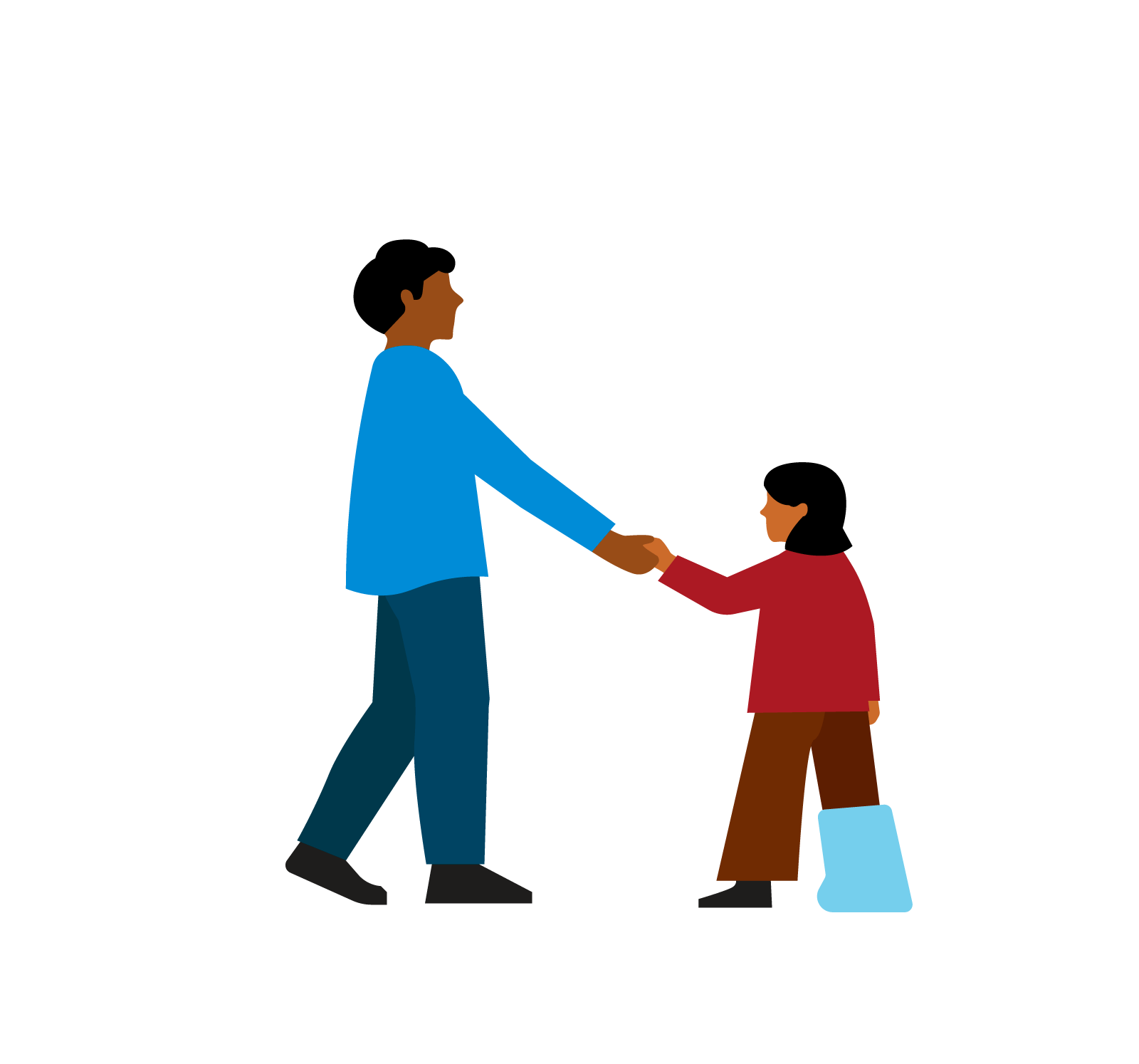 An adult holds hands with a child who has a cast on their leg as they approach an employee at a front desk.